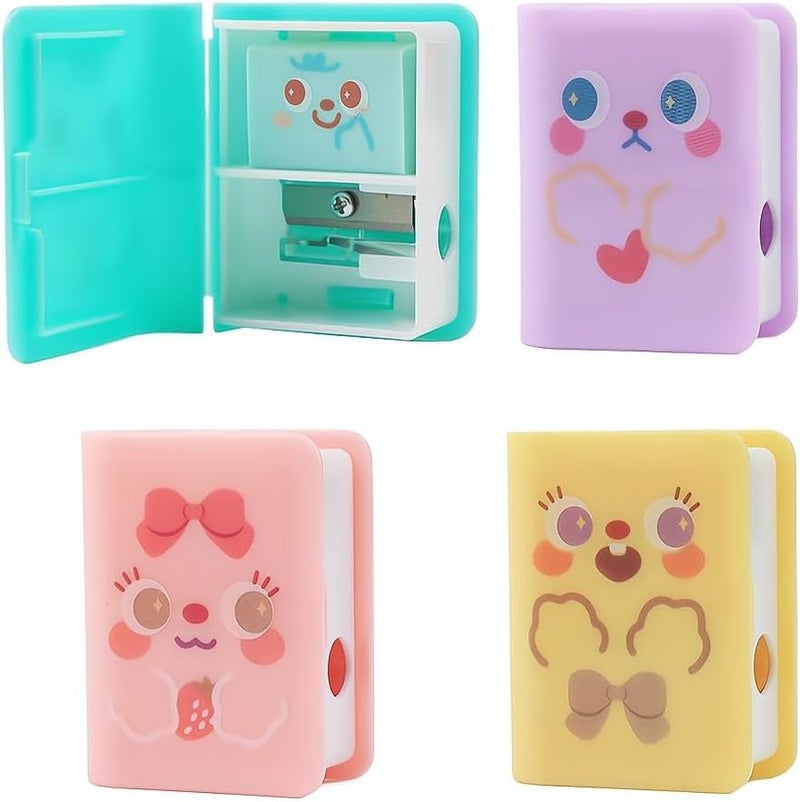Katartizo 4Pcs Cute Dual Purpose Book Pencil Sharpener Eraser, Cute Cartoon Student Eraser Pencil Sharpener - Image 1